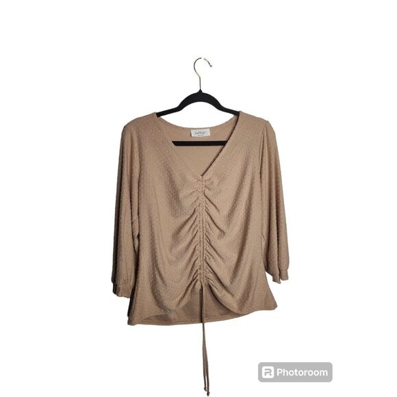 Rouched Swiss Dot Fitted 3/4 sleeve blouse, nude, size XL - Picture 1 of 6